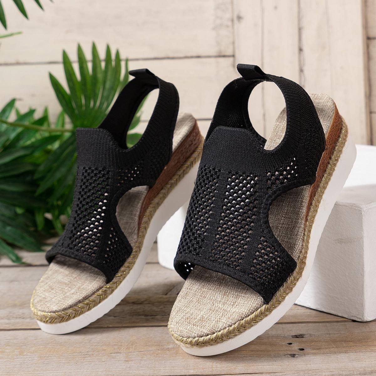 New Hollow Wedges Sandals Summer Fly Woven Breathable Mesh Shoes For Women Peep-Toe Sandals - fadidesign