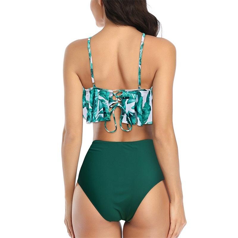 New Style Swimsuit Double Layer Lotus Leaf Tropical Rain Forest High Waist Split Swimsuit - fadidesign