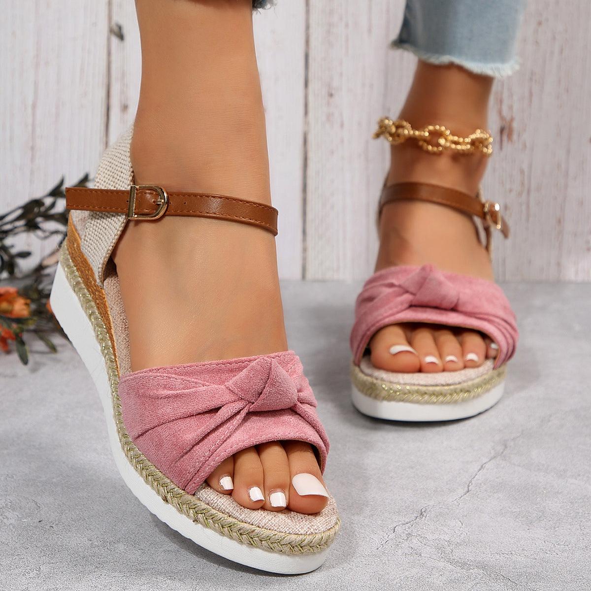 New Thick-soled Bow Sandals Summer Fashion Casual Linen Buckle Wedges Shoes For Women - fadidesign