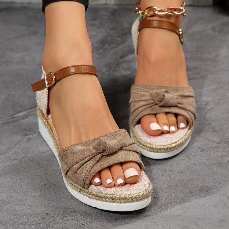 New Thick-soled Bow Sandals Summer Fashion Casual Linen Buckle Wedges Shoes For Women - fadidesign