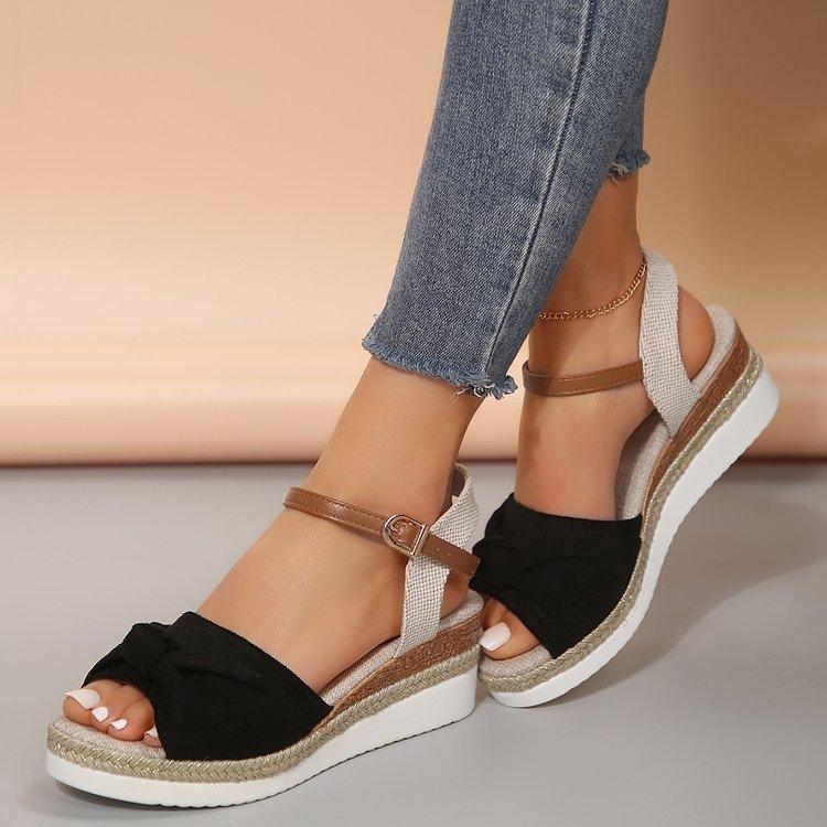 New Thick-soled Bow Sandals Summer Fashion Casual Linen Buckle Wedges Shoes For Women - fadidesign