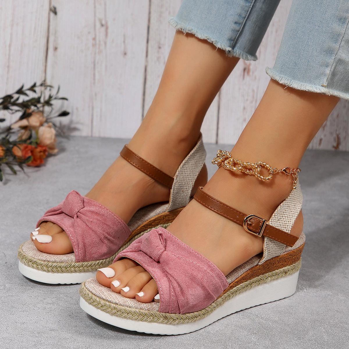 New Thick-soled Bow Sandals Summer Fashion Casual Linen Buckle Wedges Shoes For Women - fadidesign