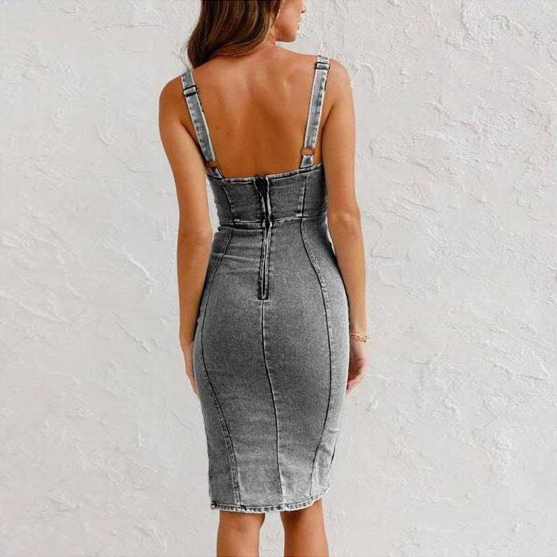 New U-neck Suspender Denim Dress Summer Casual Tight Slim Fit Dresses With Slit Design Womens Clothing - fadidesign