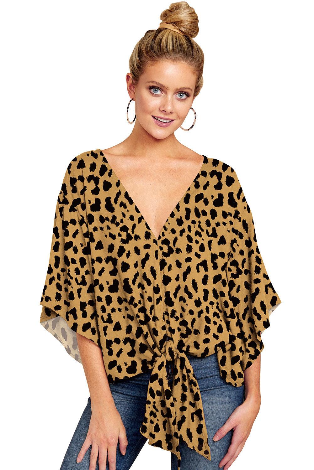 New V Neck Blouse Women Leopard Print Shirts Floral Tie Front Blouses Batwing Summer Oversize Ladies Tops - fadidesign