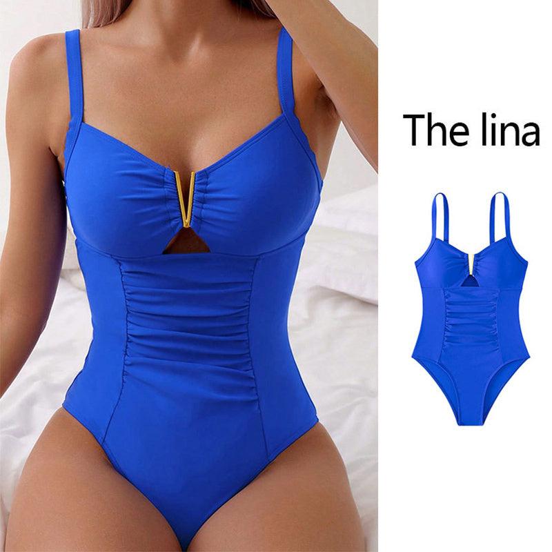 New V-neck Hollow One-piece Bikini Beach Fashion Pleated Belly Slimming Swimsuit Summer Womens Clothing - fadidesign