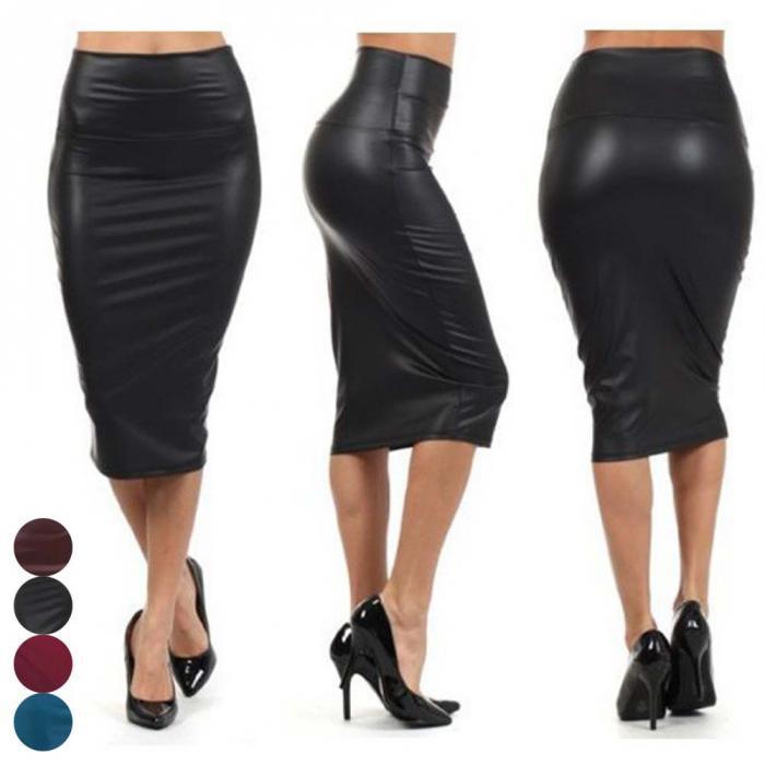 Newly Women High Waist Faux Leather Pencil Skirt Bodycon Skirt Solid Sexy OL Office Skirts - fadidesign