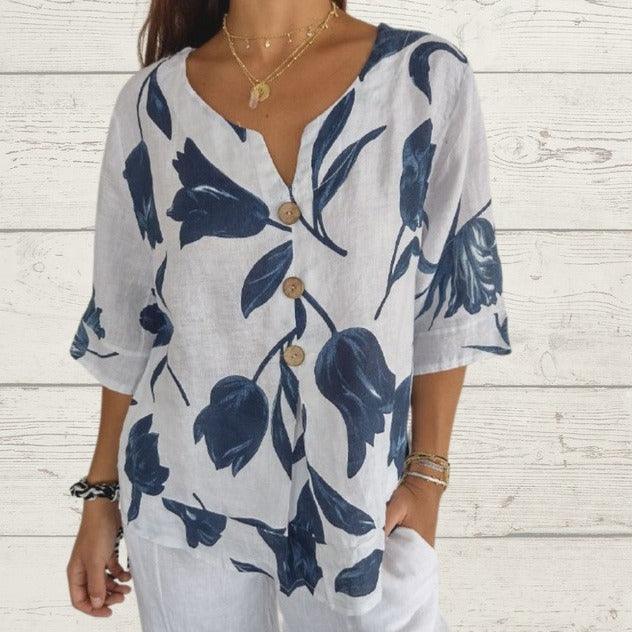 Pattern Print Cotton And Linen V-neck Short Sleeve Pullover Shirt - fadidesign