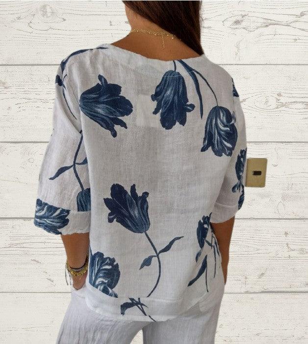 Pattern Print Cotton And Linen V-neck Short Sleeve Pullover Shirt - fadidesign