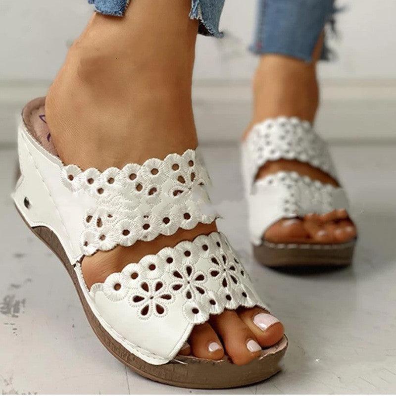 Platform Wedge Sheos Embroidered Hollow Half Slippers Summer Sandals Women - fadidesign