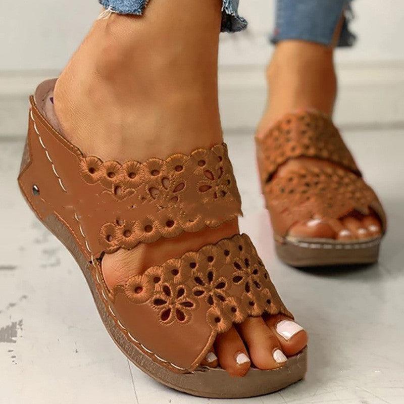 Platform Wedge Sheos Embroidered Hollow Half Slippers Summer Sandals Women - fadidesign