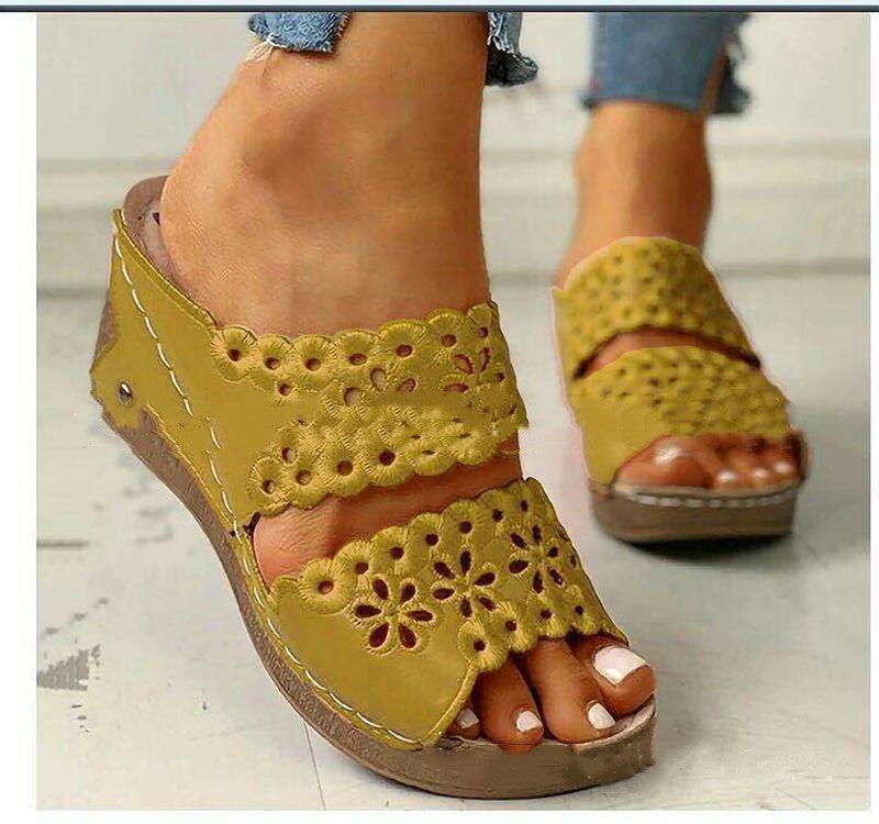 Platform Wedge Sheos Embroidered Hollow Half Slippers Summer Sandals Women - fadidesign