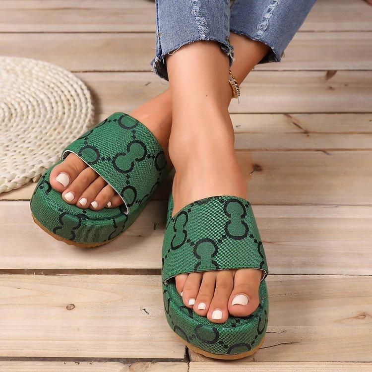 Print Thick-soled Flat Slippers Summer Fashion Casual Outdoor Beach Shoes For Women - fadidesign