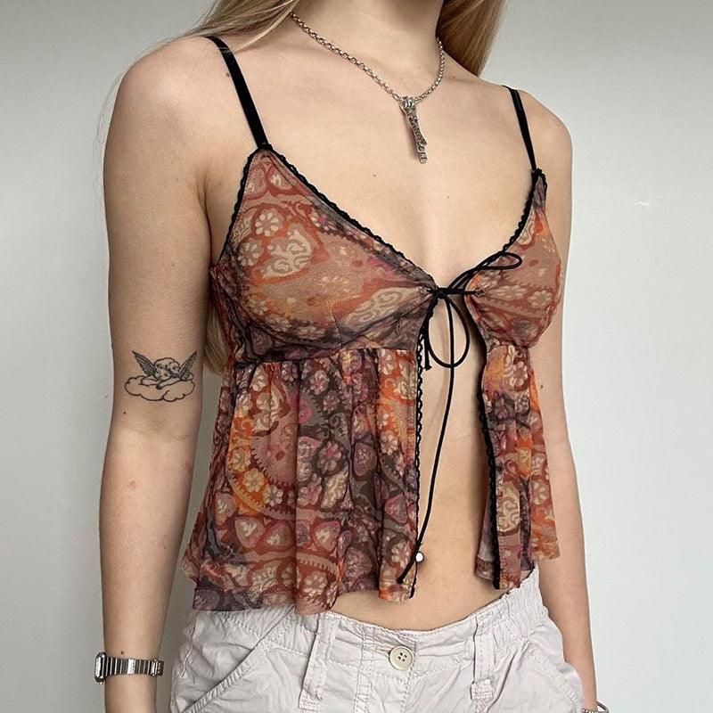 Retro European And American Women's Milk Silk Skin-friendly Small Suspenders Cross-border Sexy Hot Girl Print Straps Bottoming Vest - fadidesign