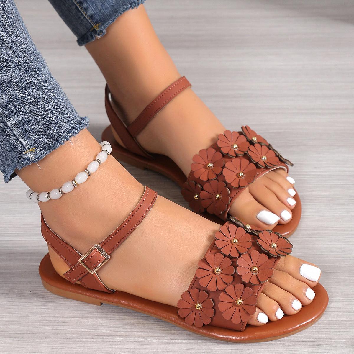 Retro Flowers Sandals Summer Casual Versatile Round Toe Buckle Flat Beach Shoes For Women New Roman Shoes - fadidesign