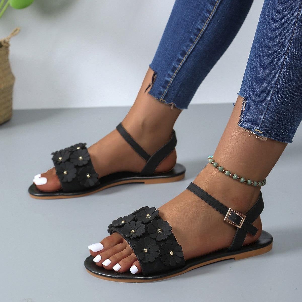 Retro Flowers Sandals Summer Casual Versatile Round Toe Buckle Flat Beach Shoes For Women New Roman Shoes - fadidesign