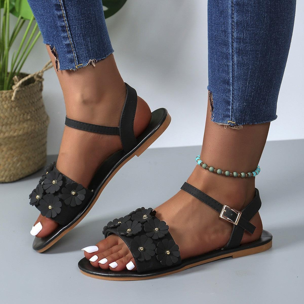 Retro Flowers Sandals Summer Casual Versatile Round Toe Buckle Flat Beach Shoes For Women New Roman Shoes - fadidesign