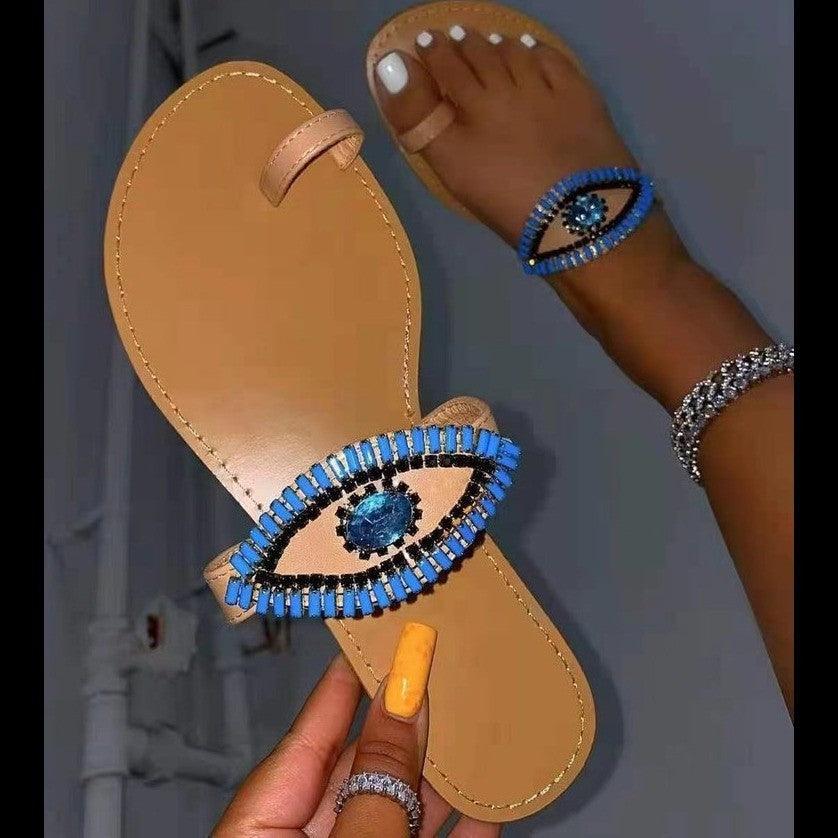 Rhinestone Eyes Flat Round Toe Flip-flop Sandals And Slippers Women - fadidesign