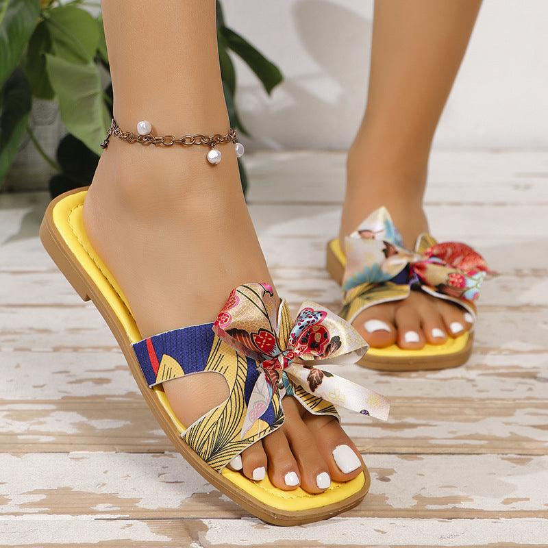 Ribbon Bow Sandals Summer New Square Toe Low Heel Sandal For Women Slides Fashion Casual Beach Shoes - fadidesign