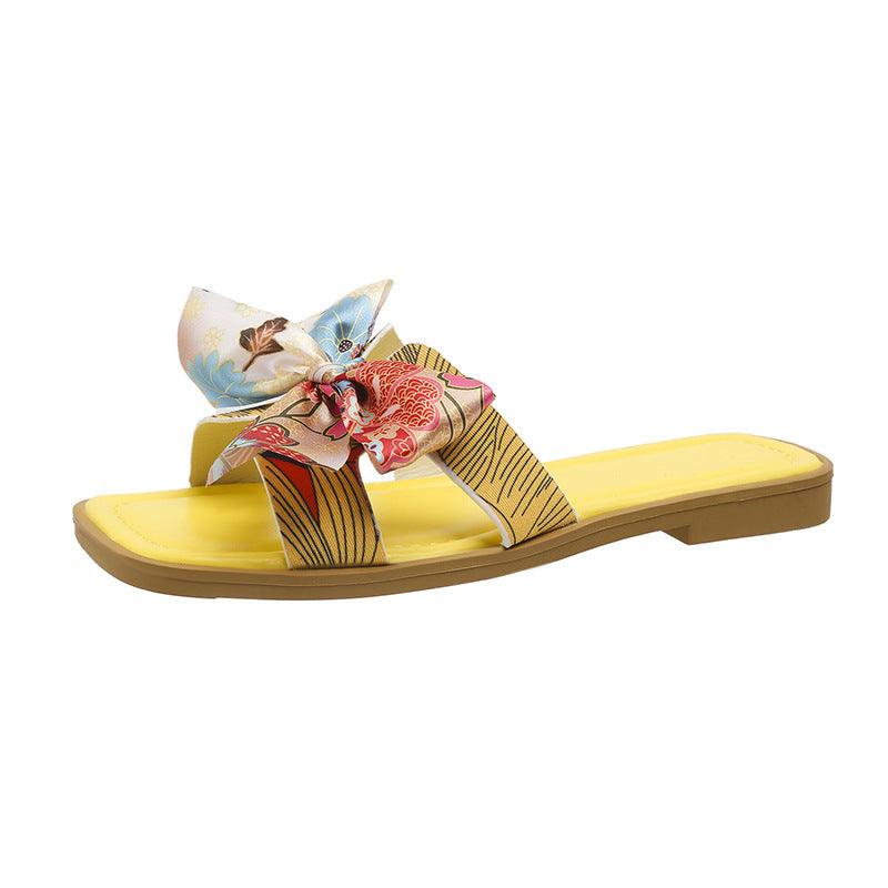 Ribbon Bow Sandals Summer New Square Toe Low Heel Sandal For Women Slides Fashion Casual Beach Shoes - fadidesign