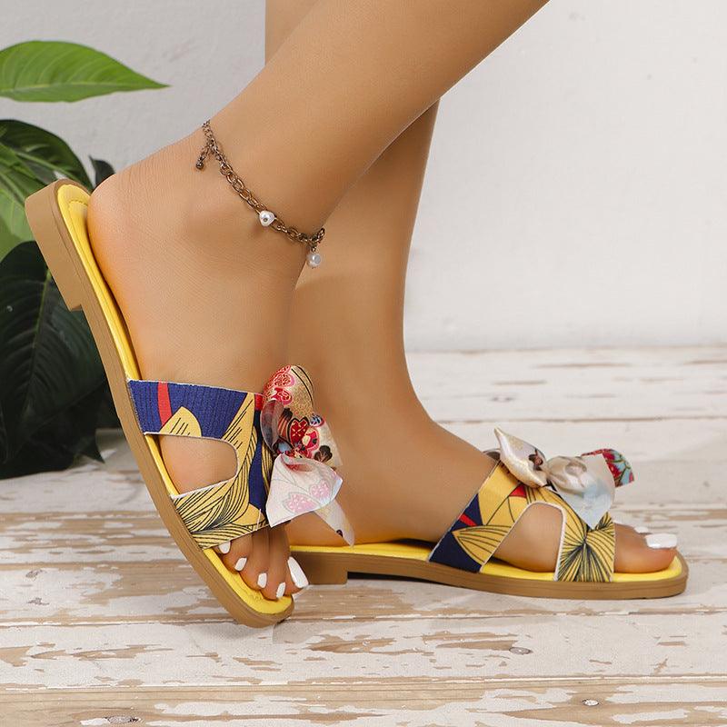 Ribbon Bow Sandals Summer New Square Toe Low Heel Sandal For Women Slides Fashion Casual Beach Shoes - fadidesign