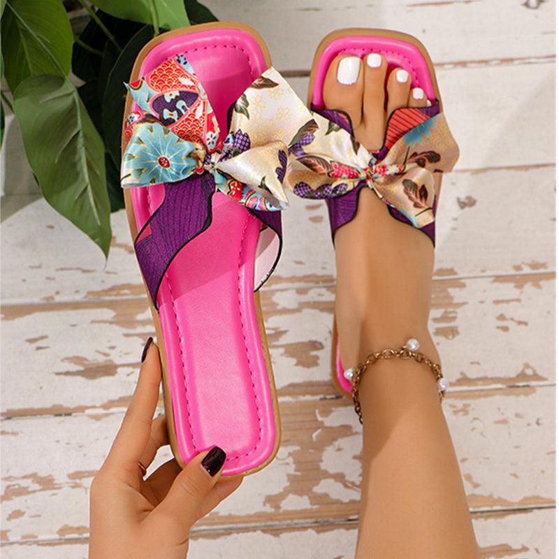 Ribbon Bow Sandals Summer New Square Toe Low Heel Sandal For Women Slides Fashion Casual Beach Shoes - fadidesign