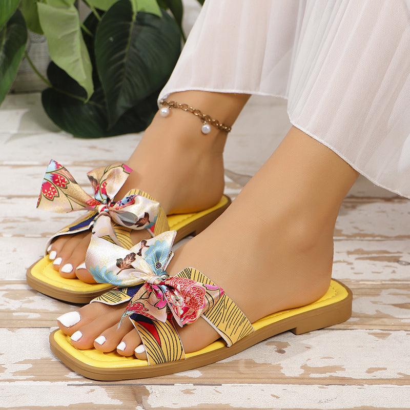 Ribbon Bow Sandals Summer New Square Toe Low Heel Sandal For Women Slides Fashion Casual Beach Shoes - fadidesign