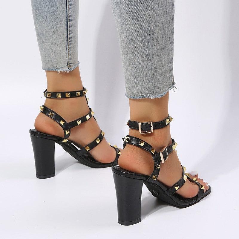 Rivet Sandals Women Buckle Strap Square-toe High Heels Shoes Gladiator - fadidesign