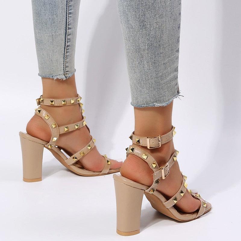 Rivet Sandals Women Buckle Strap Square-toe High Heels Shoes Gladiator - fadidesign