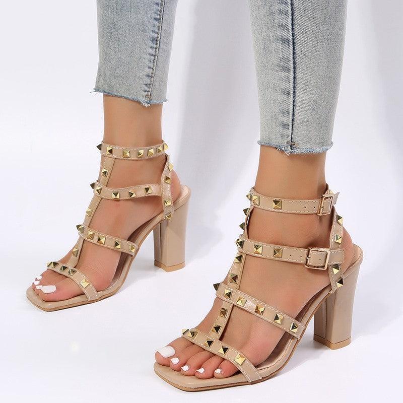 Rivet Sandals Women Buckle Strap Square-toe High Heels Shoes Gladiator - fadidesign