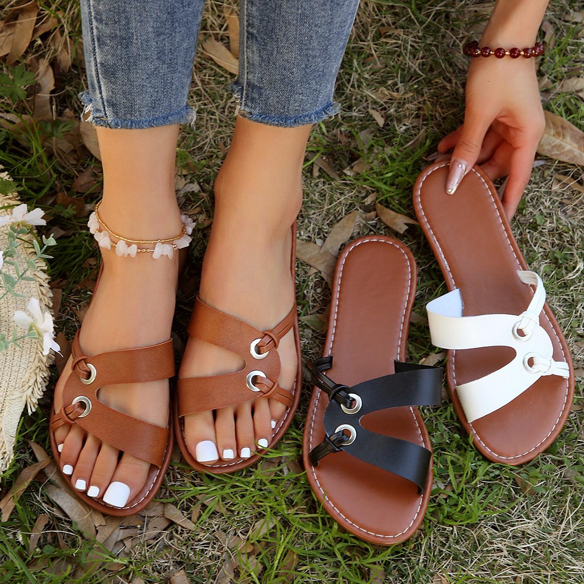 Round Toe Flat Sandals Summer Fashion Casual Non-slip Slides Shoes For Women - fadidesign