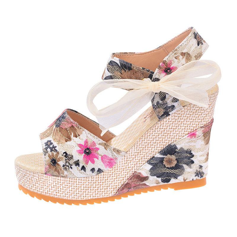 Sandals Women Wedge Heel Lace Lace High Heel Women Shoes - fadidesign