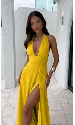 Sexy Halterneck V-neck Slit Dress Summer Backless Strappy Skirt Fashion Temperament Clothing Women - fadidesign