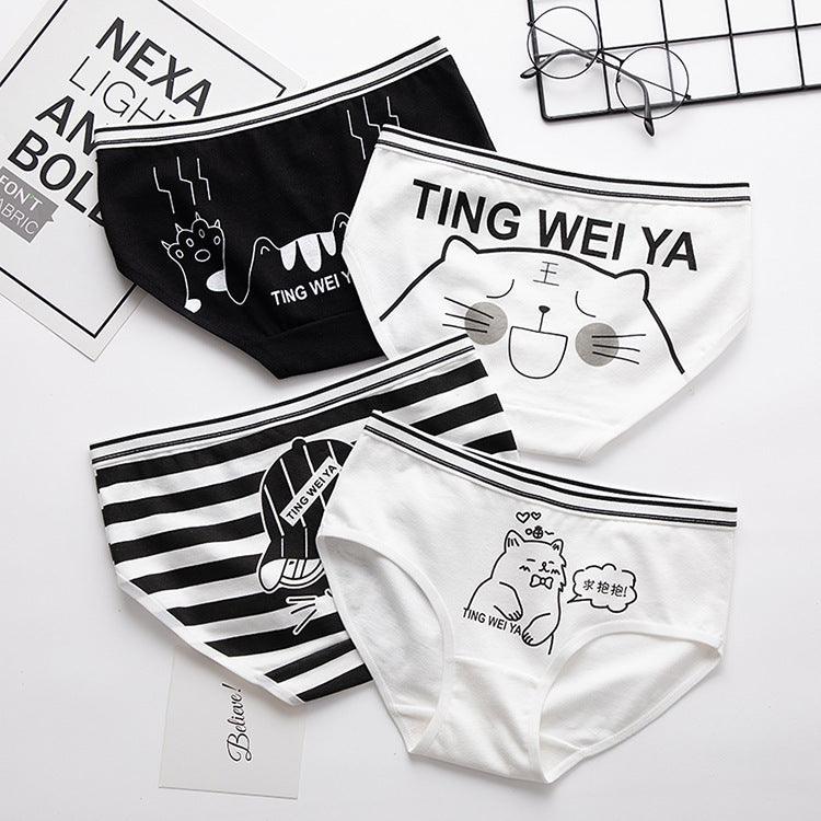 Simple Black And White Cute Cartoon Underwear Ladies Mid Waist Sheath Breathable Underwear For Women Cotton Crotch - fadidesign