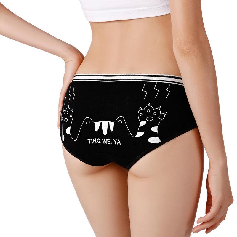 Simple Black And White Cute Cartoon Underwear Ladies Mid Waist Sheath Breathable Underwear For Women Cotton Crotch - fadidesign