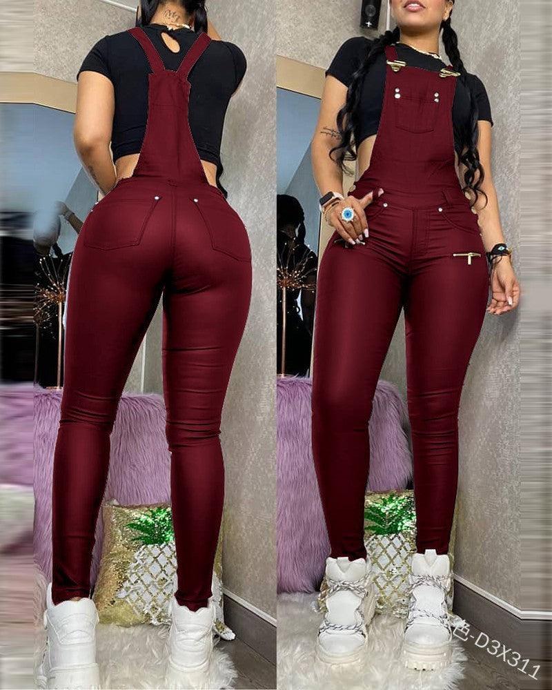 Slim-fit Zipper Overalls Skinny Sexy Leather Pants - fadidesign