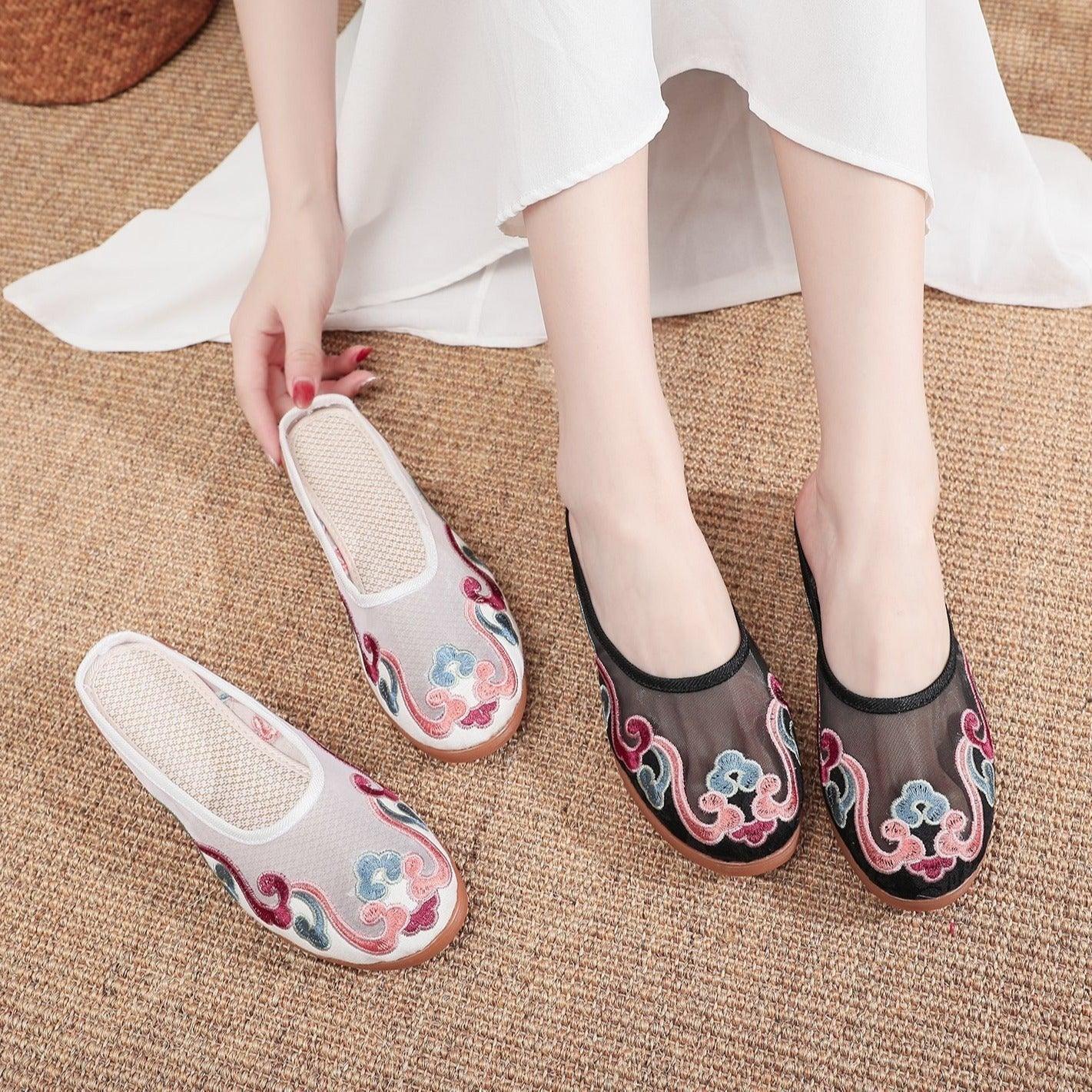 Slippers Mesh Embroidered Cotton Shoes Casual Women Outdoor Slippers - fadidesign