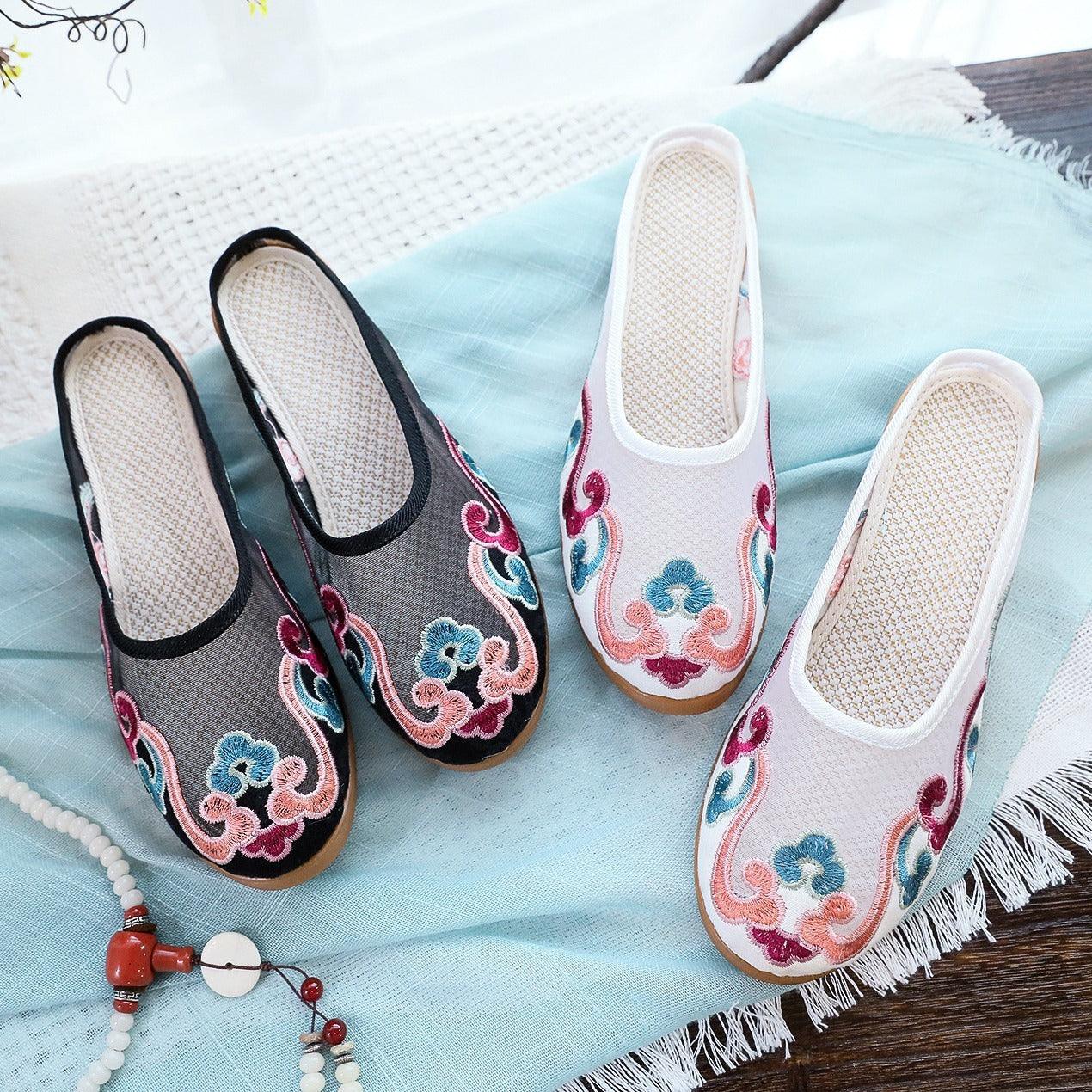 Slippers Mesh Embroidered Cotton Shoes Casual Women Outdoor Slippers - fadidesign