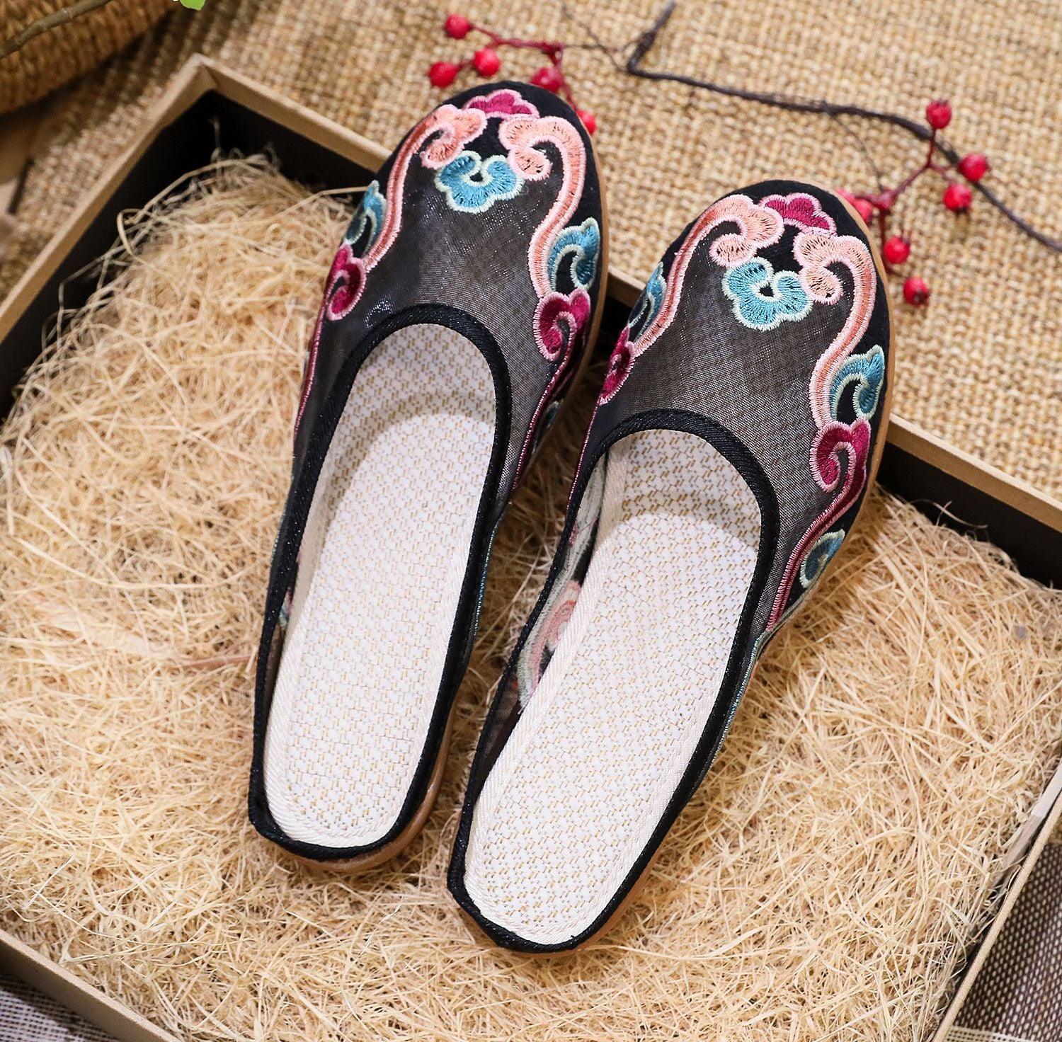 Slippers Mesh Embroidered Cotton Shoes Casual Women Outdoor Slippers - fadidesign