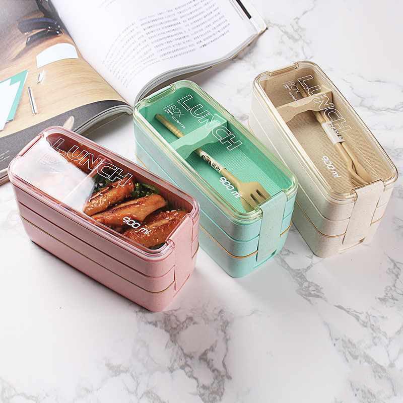 Square Double Three-layer Wheat Straw Fiber Plastic Lunch Box - fadidesign