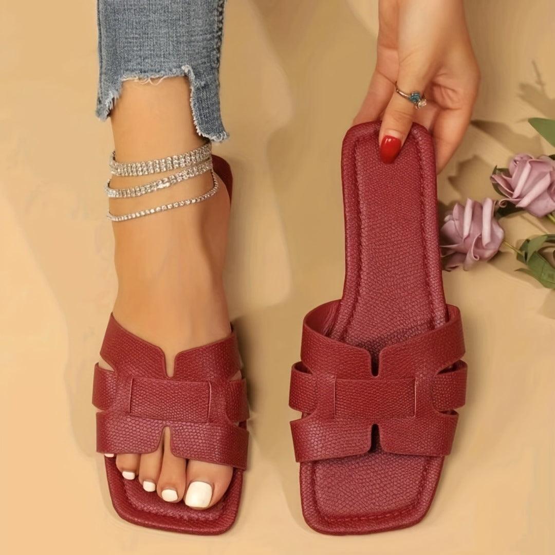 Square Toe Flat Sandals Summer Hollow Out Slides Slippers Women Footwear - fadidesign