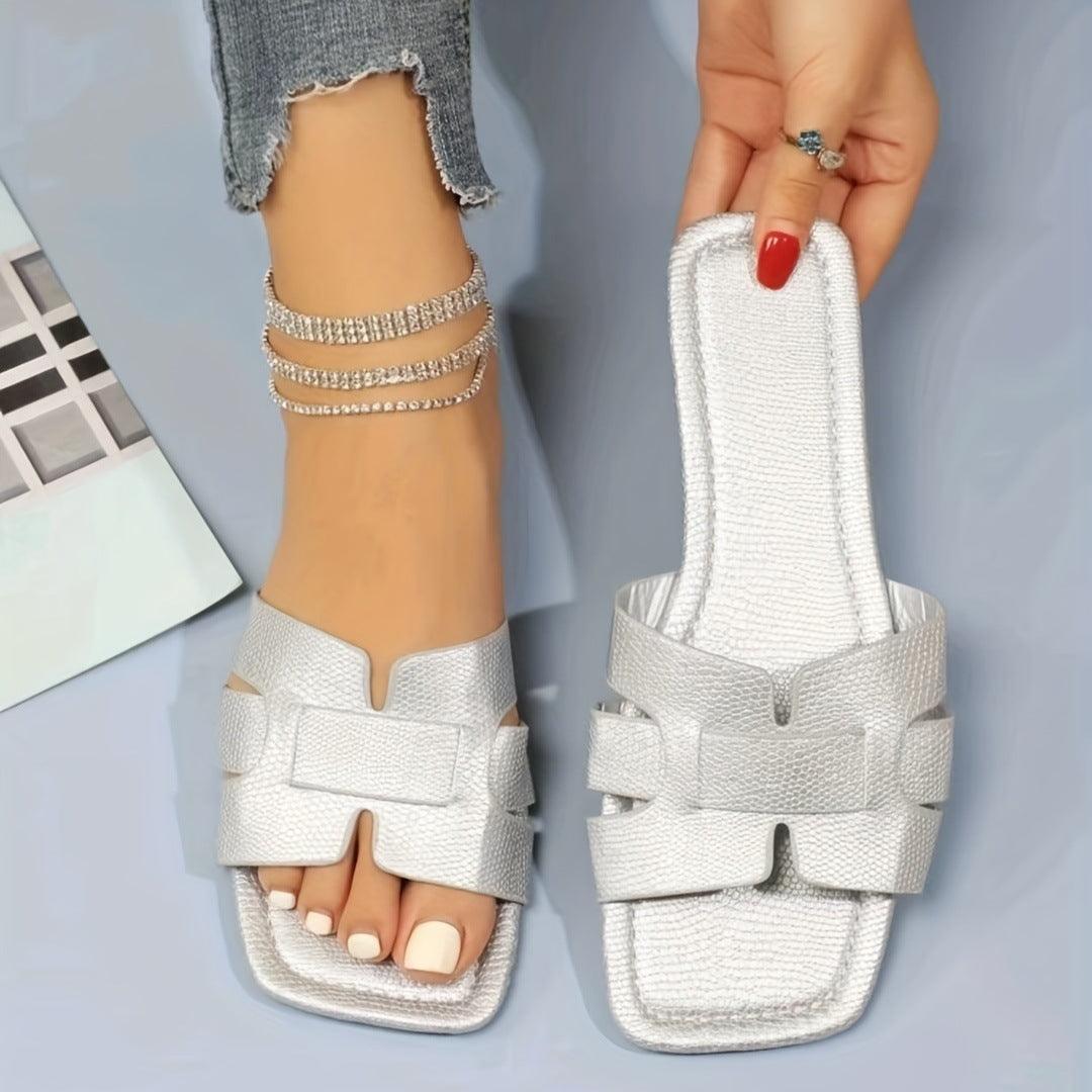 Square Toe Flat Sandals Summer Hollow Out Slides Slippers Women Footwear - fadidesign