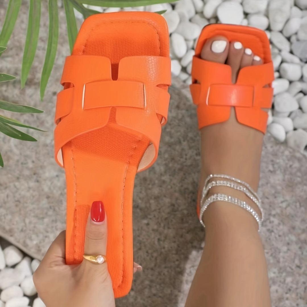 Square Toe Flat Sandals Summer Hollow Out Slides Slippers Women Footwear - fadidesign