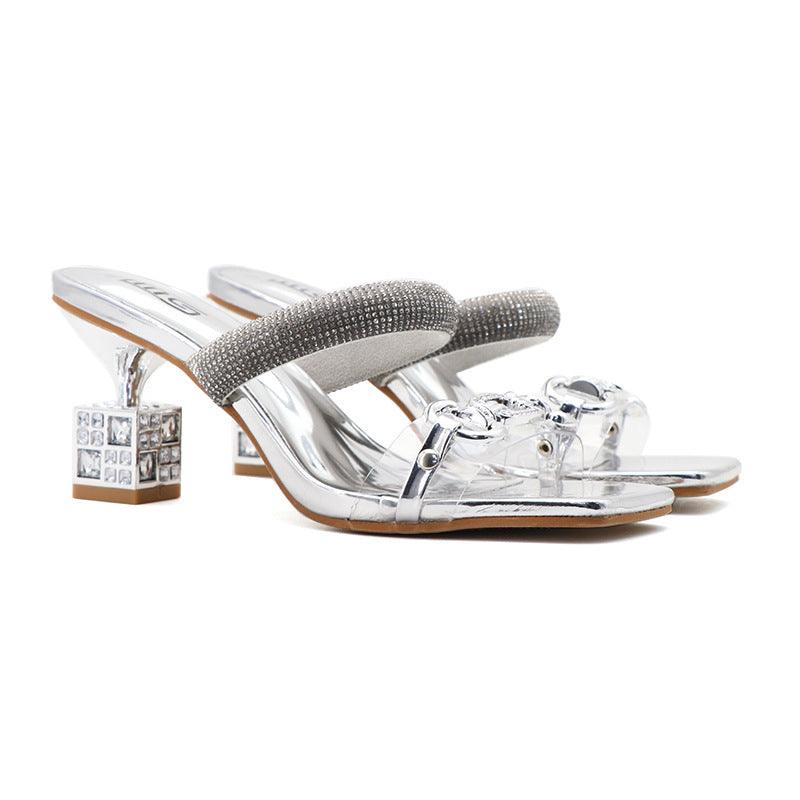 Stiletto Heel Transparent Rhinestone Outdoor Slippers Women - fadidesign