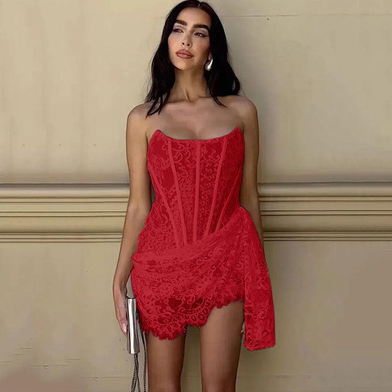 Strapless Lace Dress Party Women Fashion And Sexy Slim Skirt With Back Lace-up Design - fadidesign