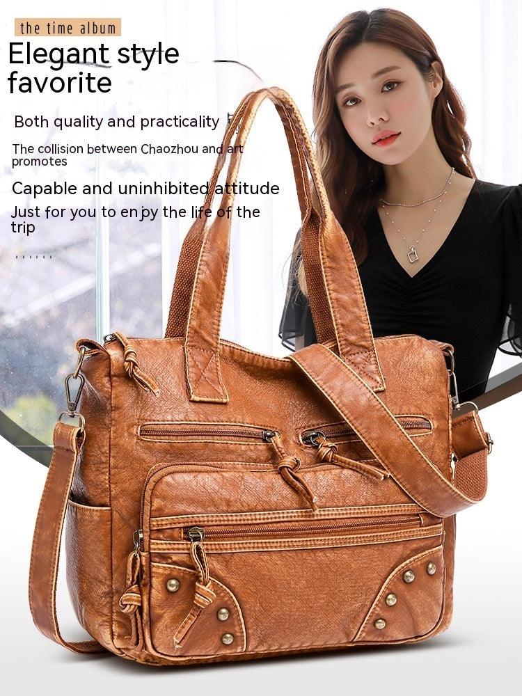 Stylish Retro Minimalism Handbag Women's Casual And Lightweight Washed Leather All-match Shoulder Bag - fadidesign