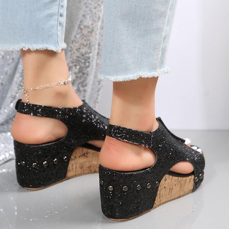 Summer Chunky Wedges Sandals Fashion Sequins Velcro Shoes Women - fadidesign