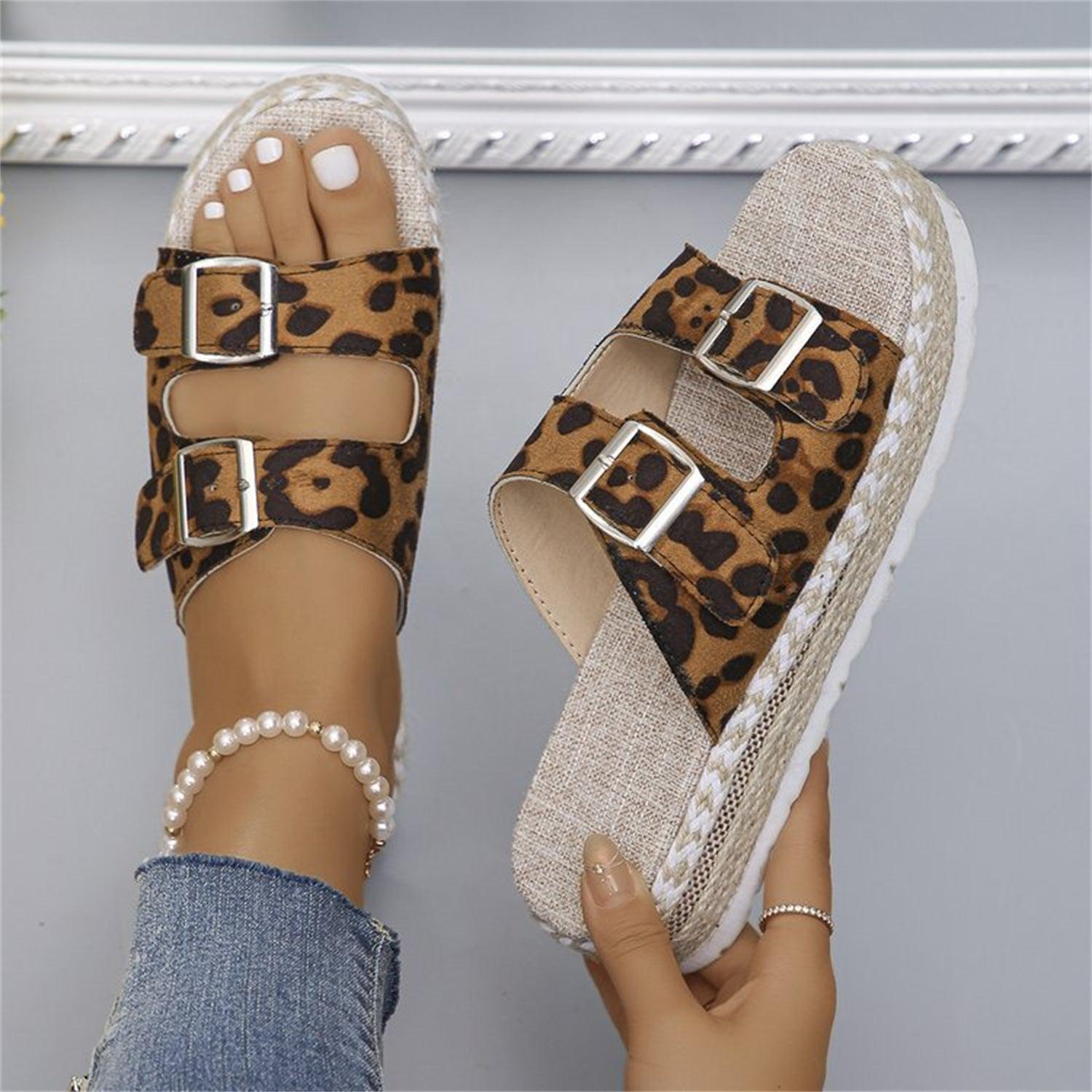 Summer Double Buckle Leopard Print Flat Sandals Hemp Thick-soled Sandals Seaside Vacation Beach Shoes For Women - fadidesign