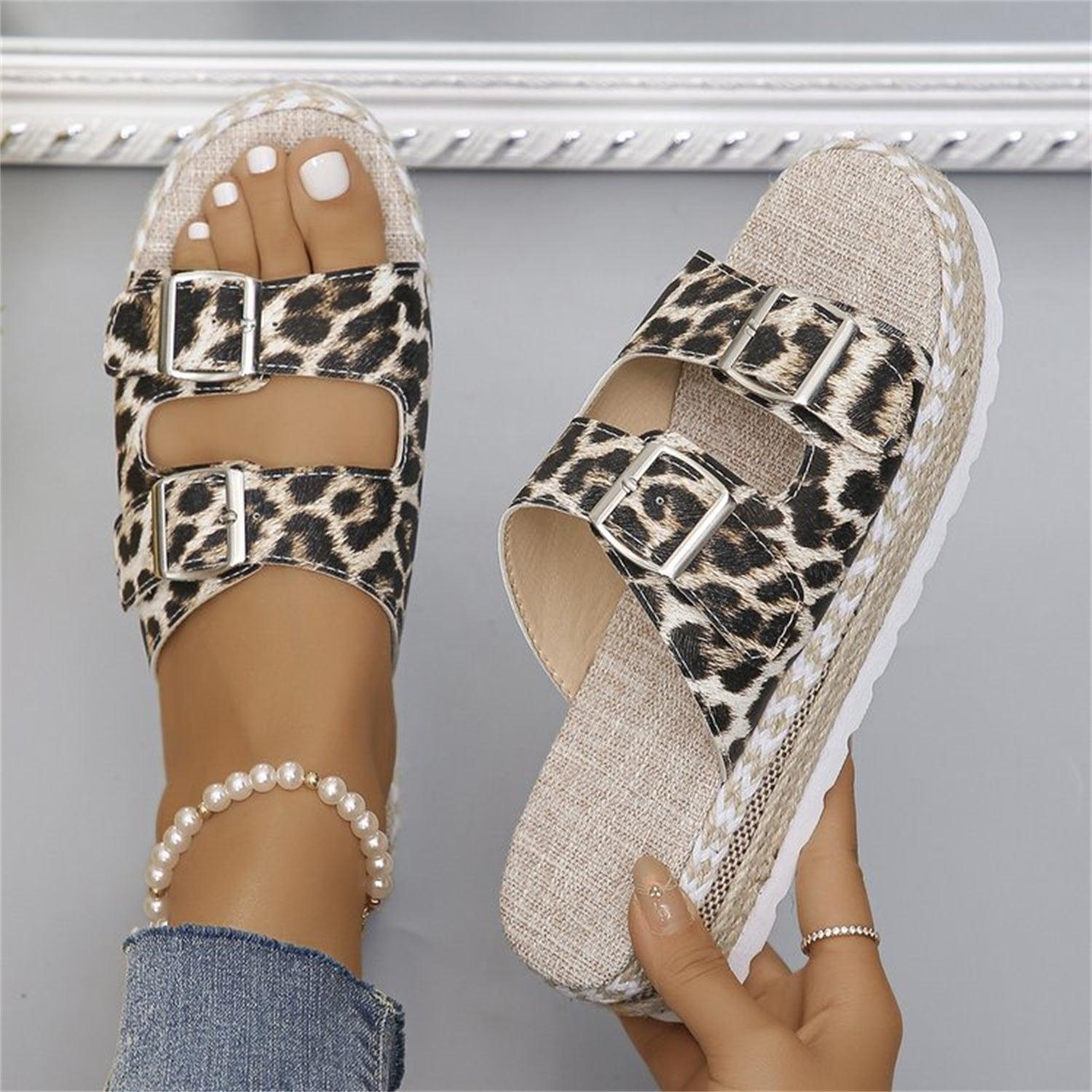 Summer Double Buckle Leopard Print Flat Sandals Hemp Thick-soled Sandals Seaside Vacation Beach Shoes For Women - fadidesign