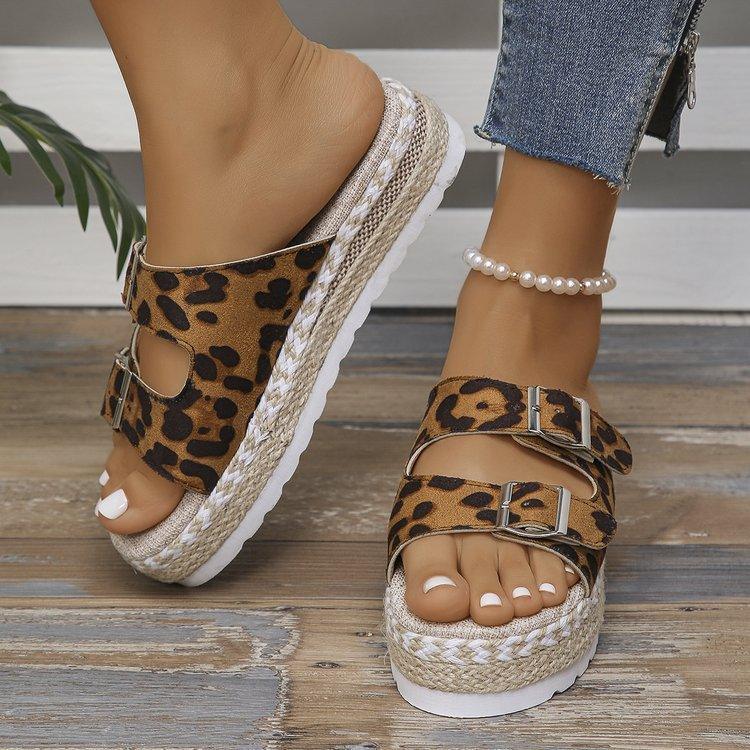 Summer Double Buckle Leopard Print Flat Sandals Hemp Thick-soled Sandals Seaside Vacation Beach Shoes For Women - fadidesign