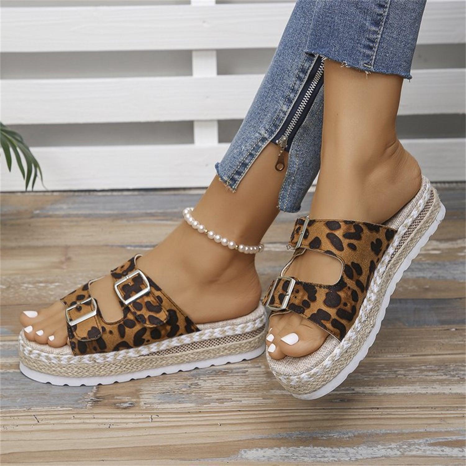 Summer Double Buckle Leopard Print Flat Sandals Hemp Thick-soled Sandals Seaside Vacation Beach Shoes For Women - fadidesign